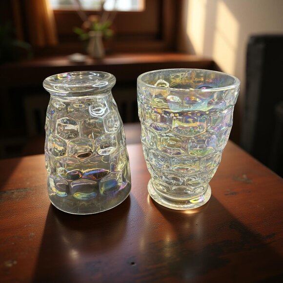 Set Of 2 Colonial Yorktown Iridescent Federal Glass Tumblers  6 oz  Thumbprint - Picture 2 of 7